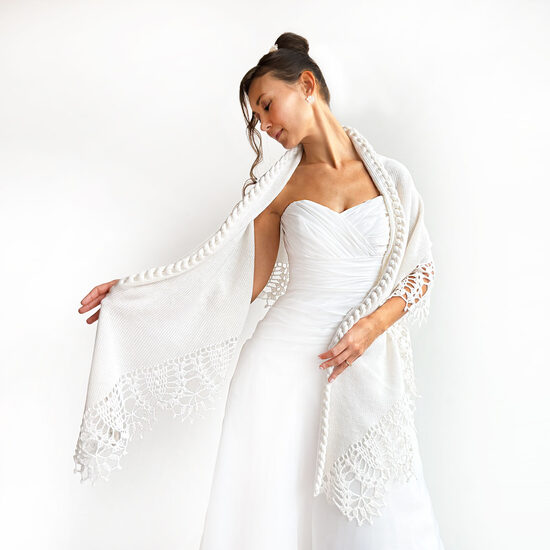 Knit and Crochet Wedding Shawl: White Bridal Wrap, Bridesmaid Cover Up, code WW20